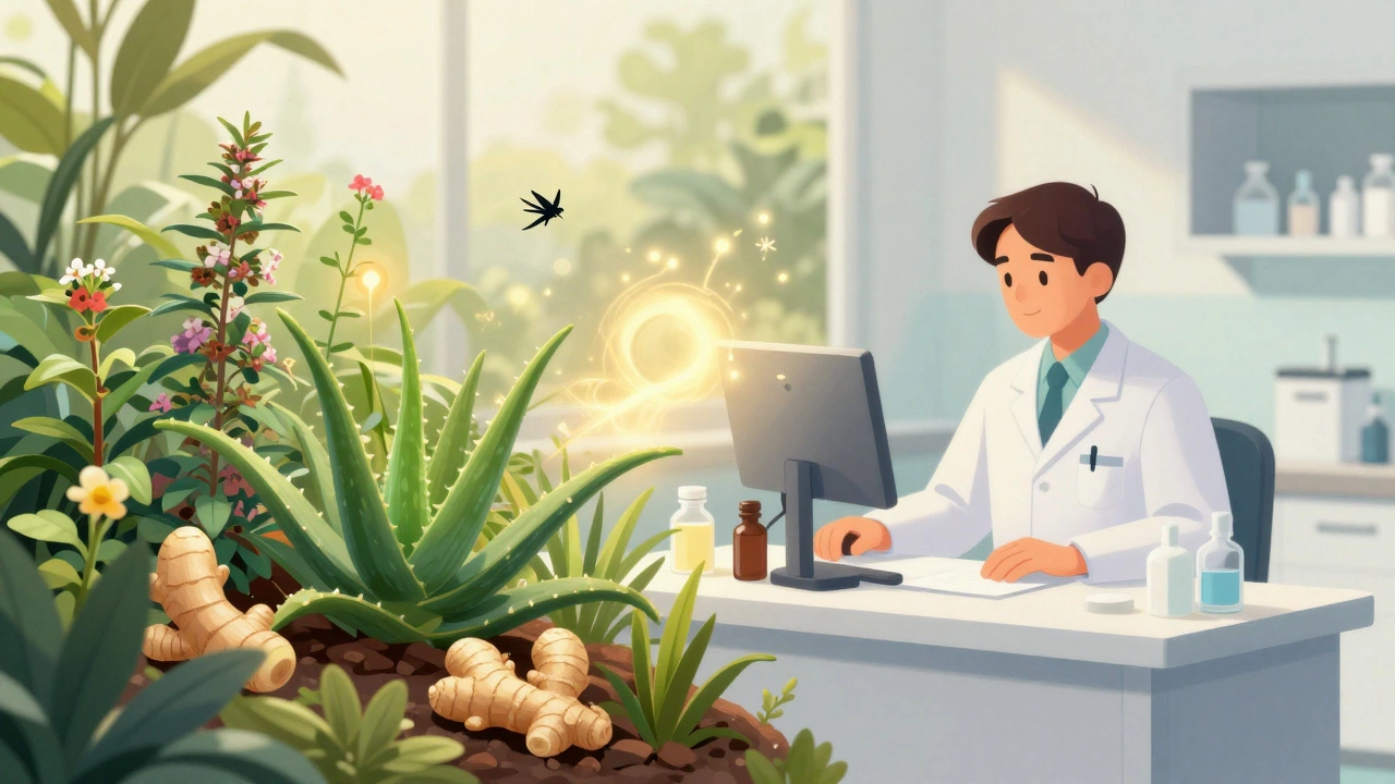 A blend of a medicinal herb garden and a modern pharmacy setting with golden light.