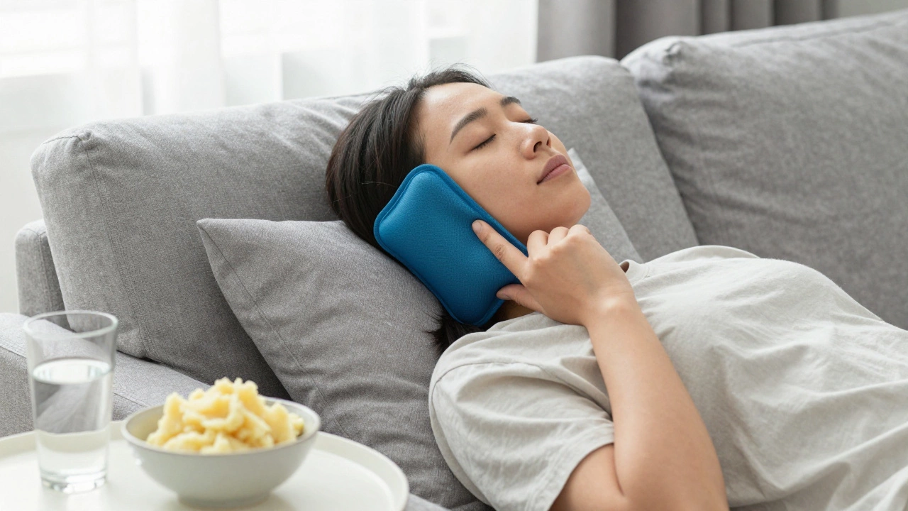 A person resting on a sofa with an ice pack on their cheek and soft food nearby.