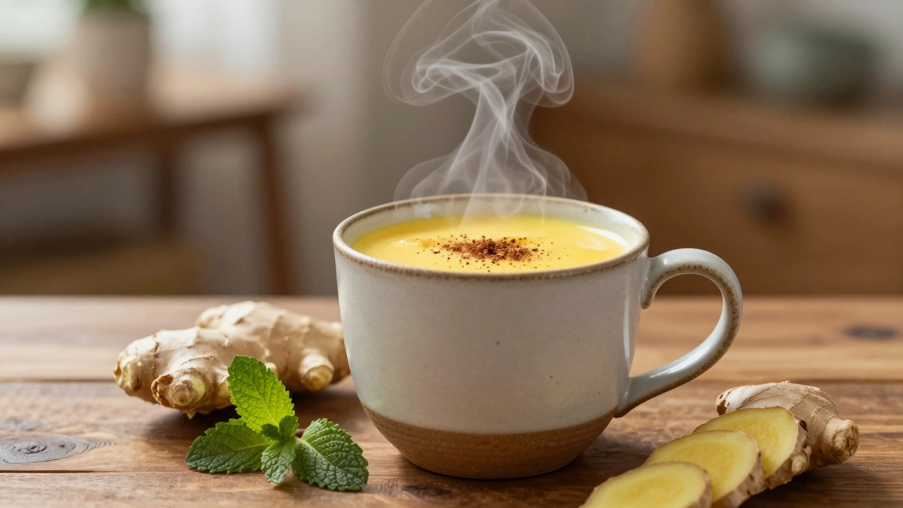 A steaming mug of golden turmeric milk on a wooden table with fresh ginger.