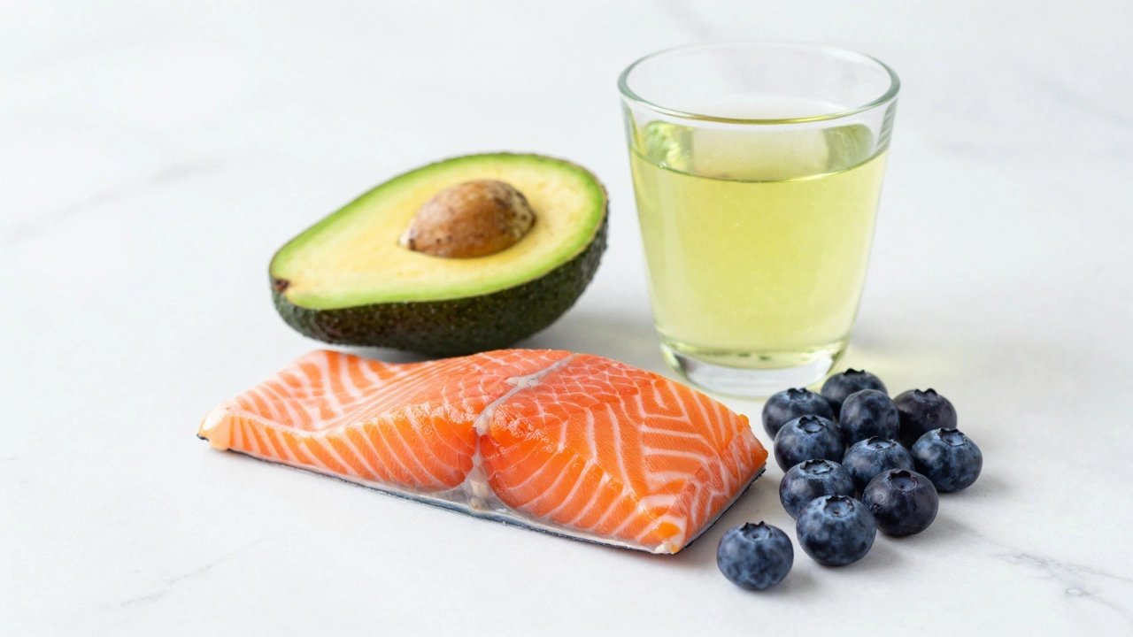 A variety of anti-inflammatory foods including salmon, avocado, blueberries, and green tea.