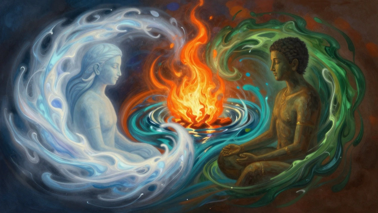 Artistic swirling representation of Vata, Pitta, and Kapha biological energies.