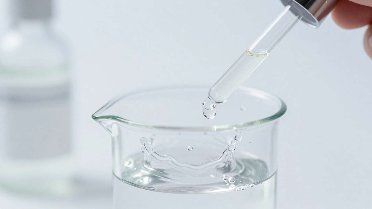 Close-up of a liquid drop being added to water in a homeopathic potentization process.