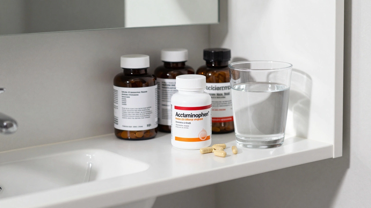 Close-up of medicine bottles and herbal supplement capsules on a bathroom shelf.