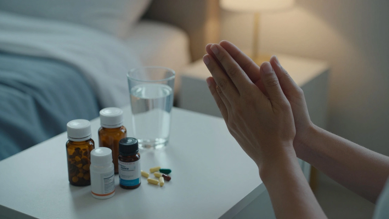 Hands in prayer resting next to herbal supplement bottles on a bedside table.