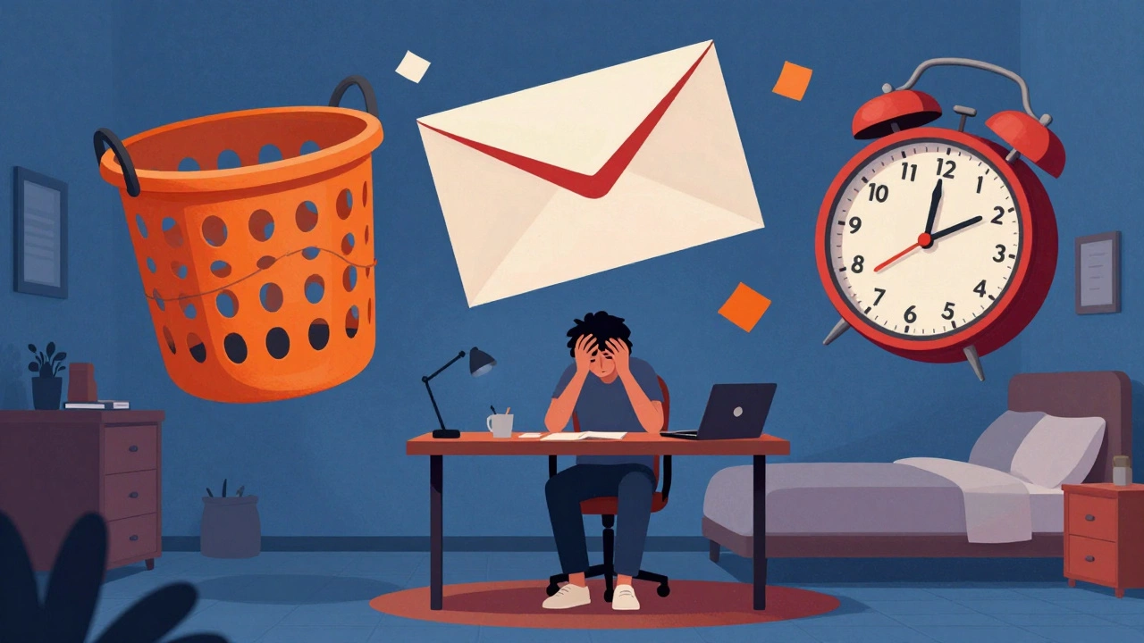 Person overwhelmed at a desk by floating, oversized household chores and a clock.