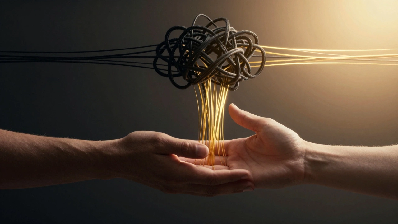 Two hands joining together as a tangled knot of threads turns into golden light.