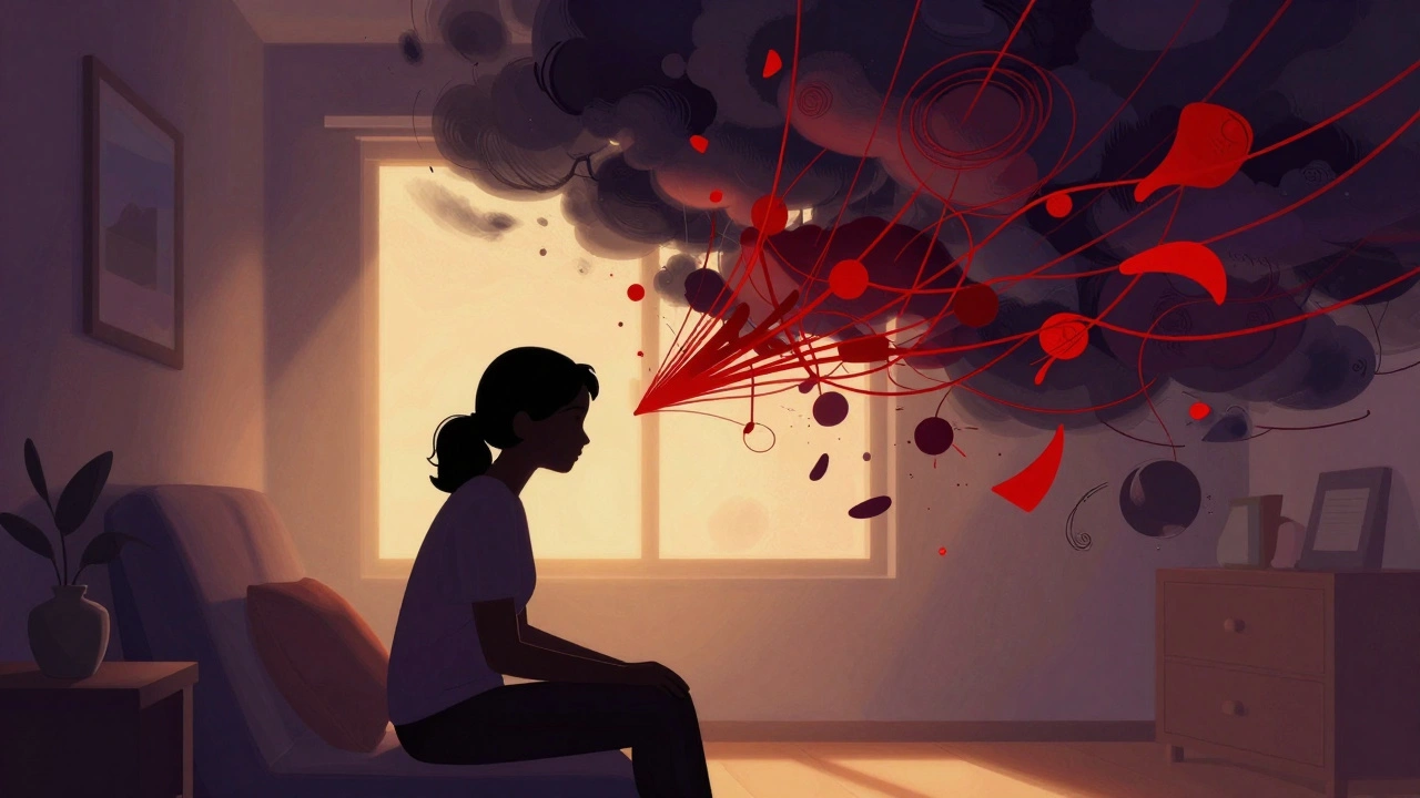Artistic depiction of a person's calm exterior versus chaotic anxious thoughts
