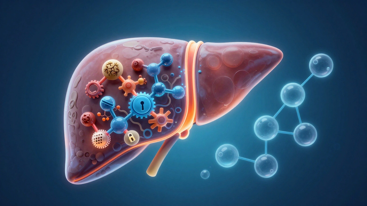 Conceptual art showing liver enzymes interacting with herbal compounds
