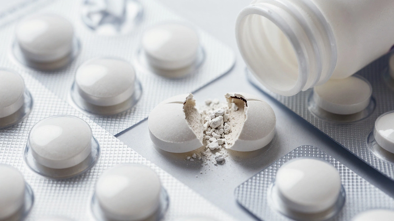 Cracked counterfeit pill revealing dangerous fillers inside