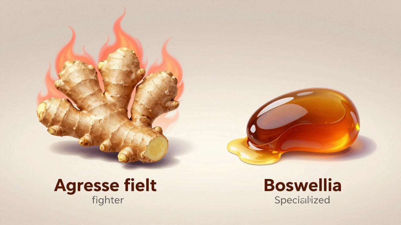 Ginger root with heat effects next to Boswellia resin tears