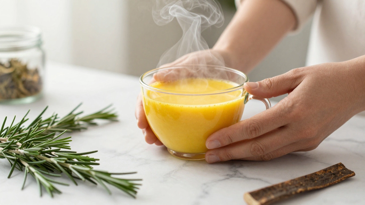 Hands making golden milk latte with rosemary and willow bark nearby