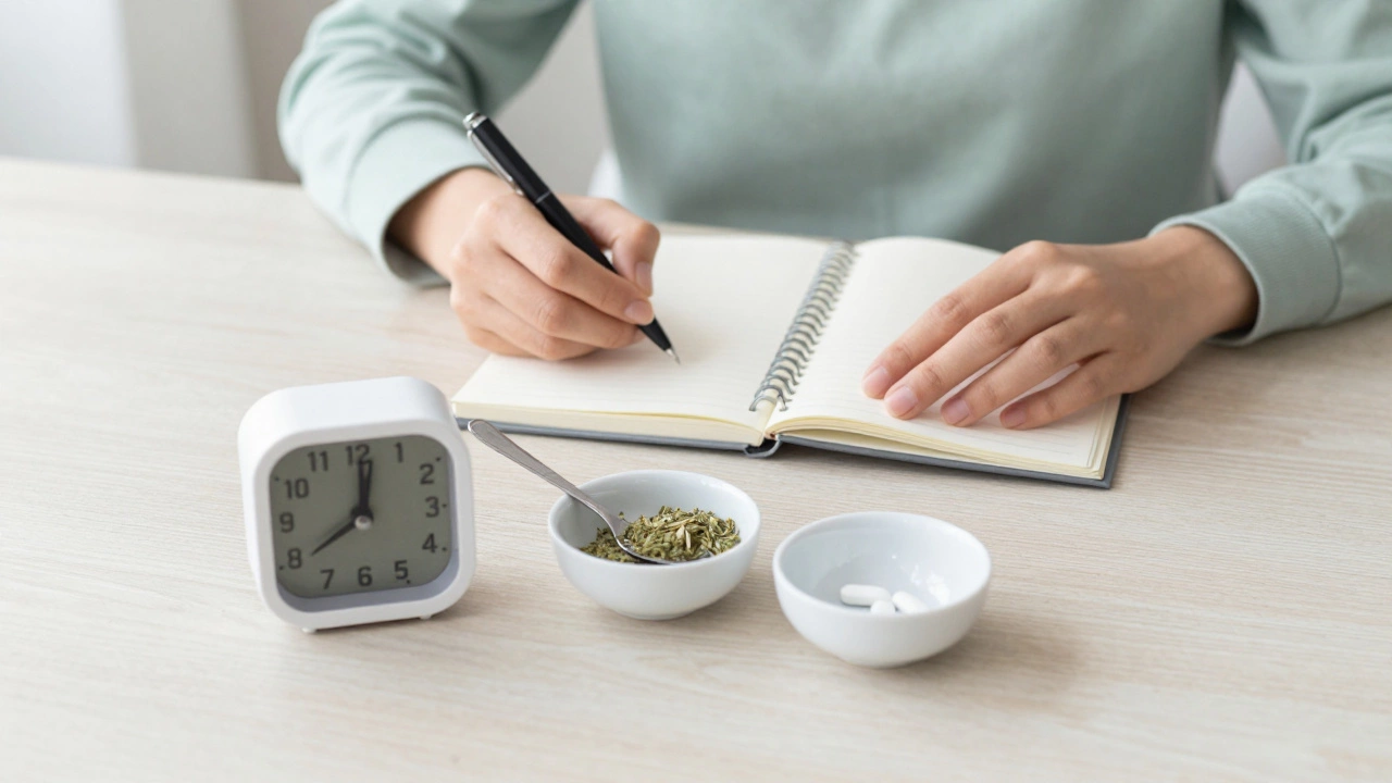 Hands writing in a journal with spaced-out medicine bowls and a timer
