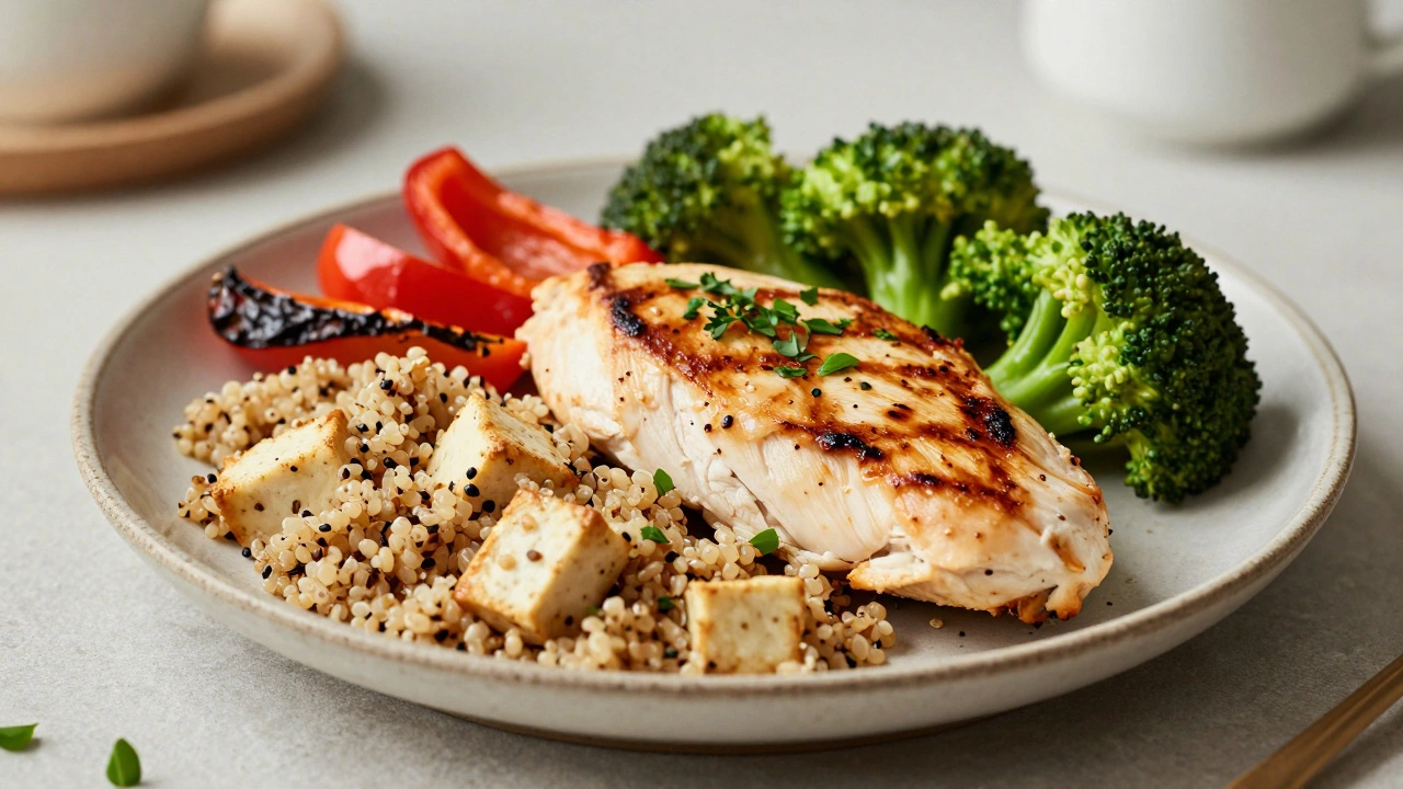 Healthy protein-rich meal with grilled chicken, quinoa, and vegetables on a plate