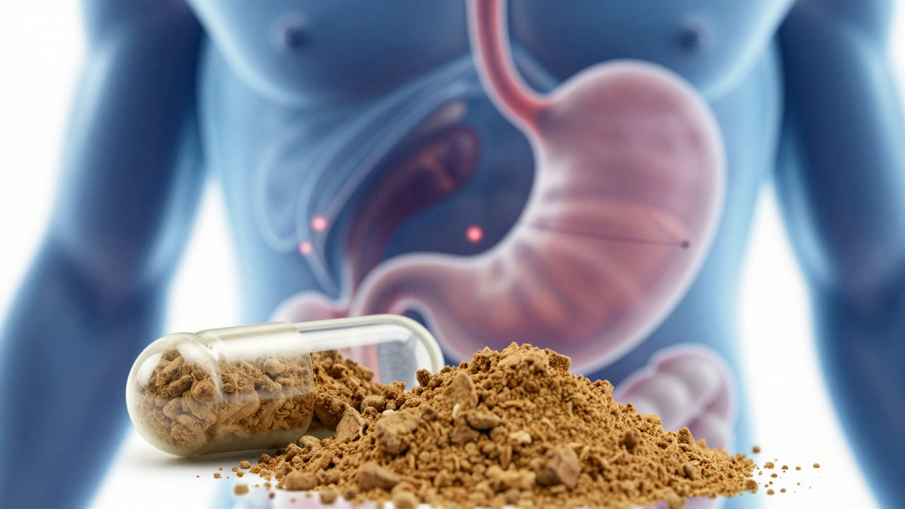 Macro shot of an ashwagandha capsule next to a transparent stomach outline indicating gut irritation