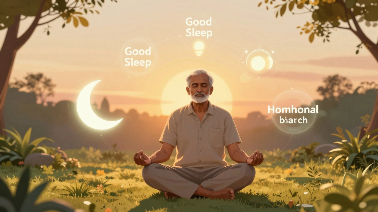 Man meditating in a garden at sunset, symbolizing stress relief and wellness
