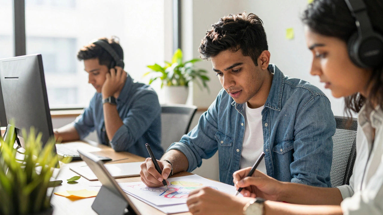 Person in hyperfocus working creatively in a supportive modern office environment