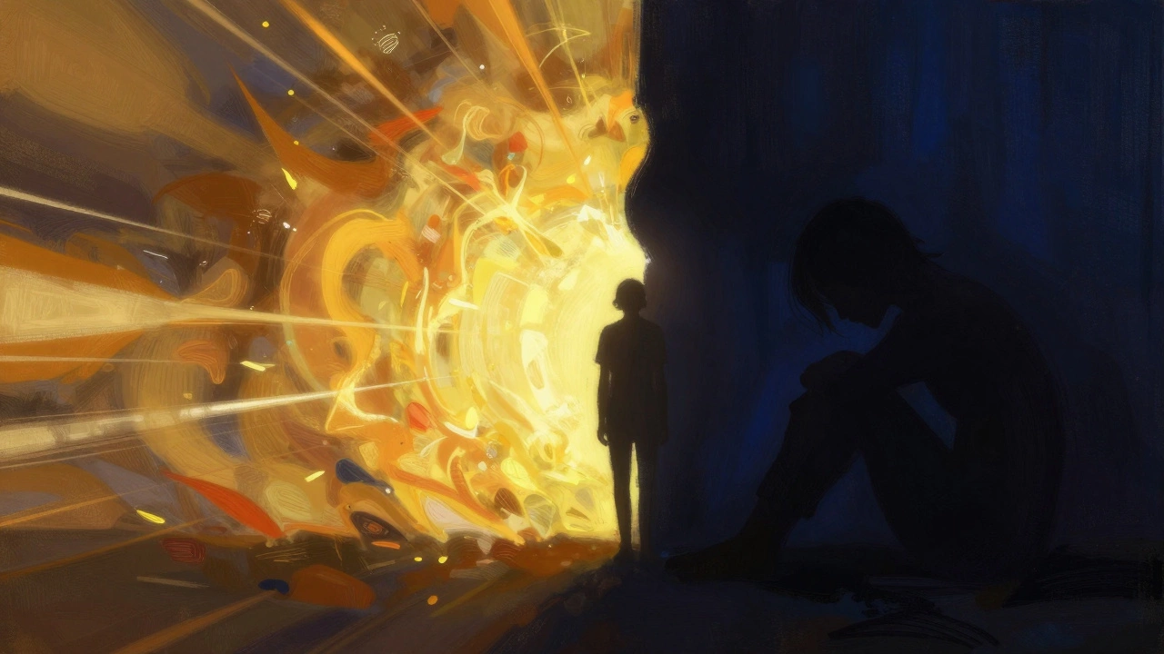 Split image showing bright chaos and dark stillness representing bipolar disorder.