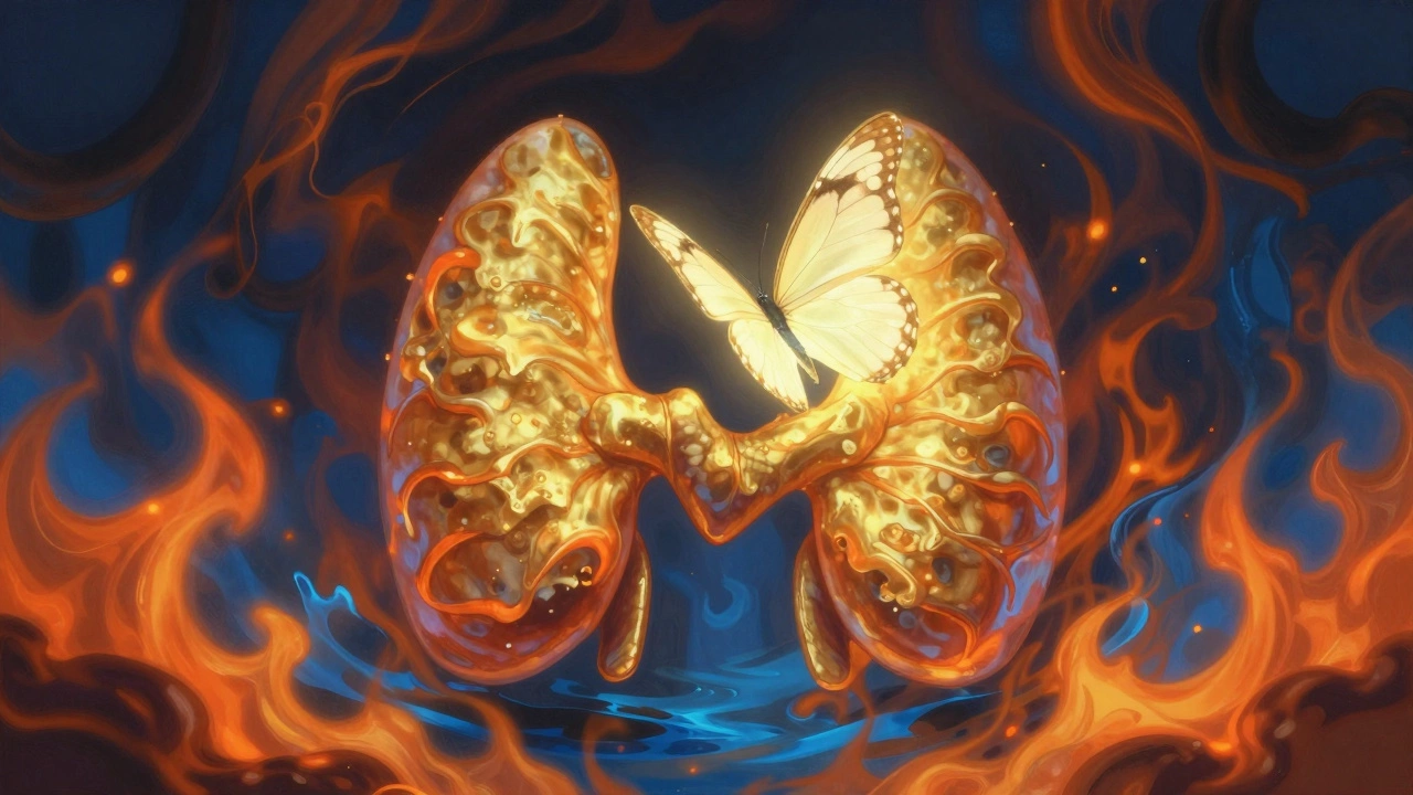 Surreal art of a butterfly over a thyroid gland with fire and water elements symbolizing hormonal imbalance