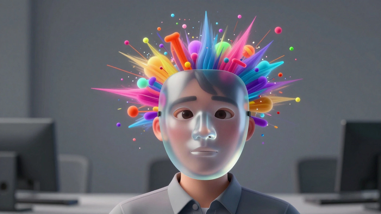 Symbolic depiction of masking hiding vibrant neurodivergent inner energy