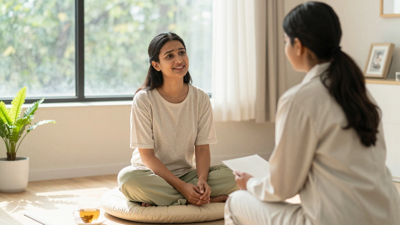 Therapist and patient in a bright, calming counseling session