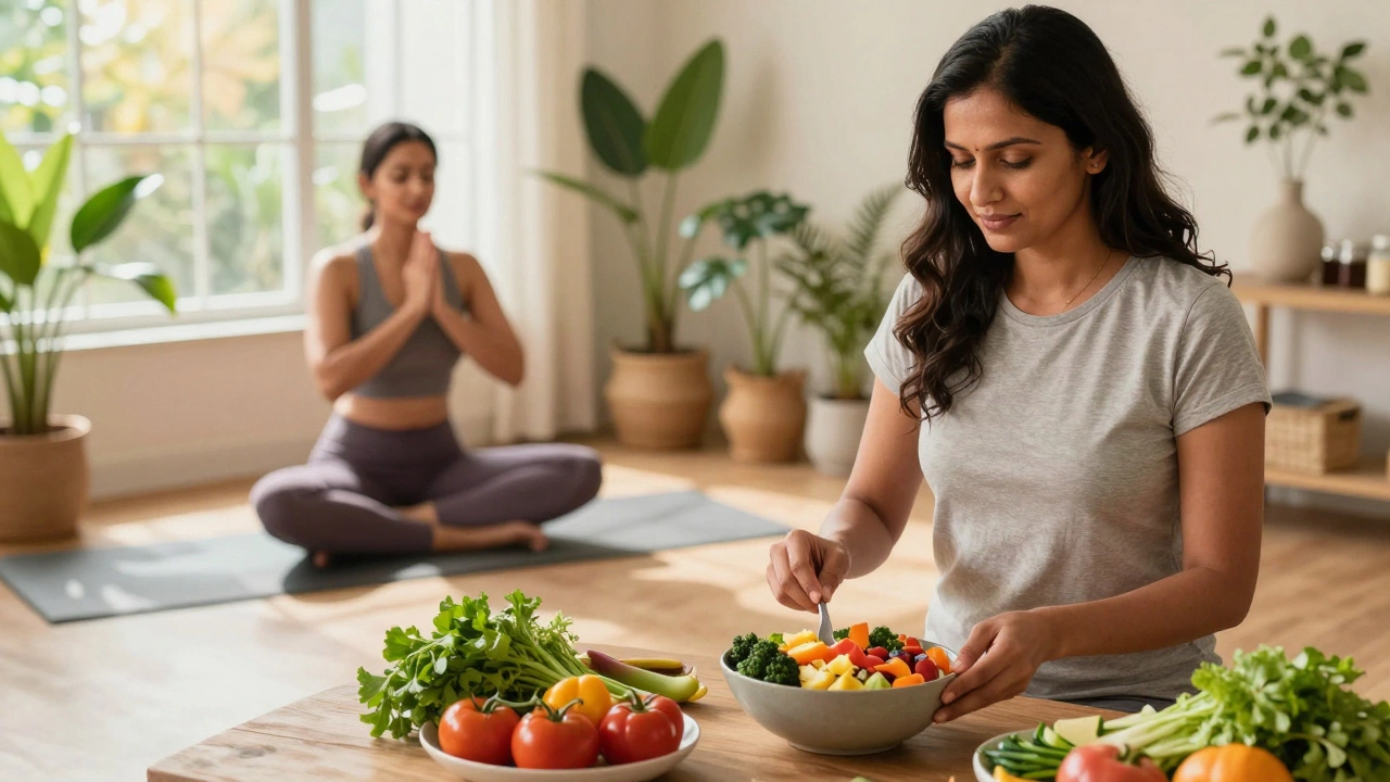 Woman doing yoga and eating healthy food for post-cancer wellness