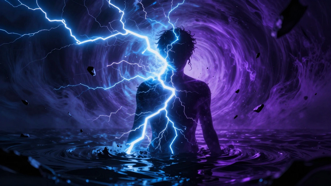 Abstract silhouette showing bipolar disorder mood swings with lightning and water