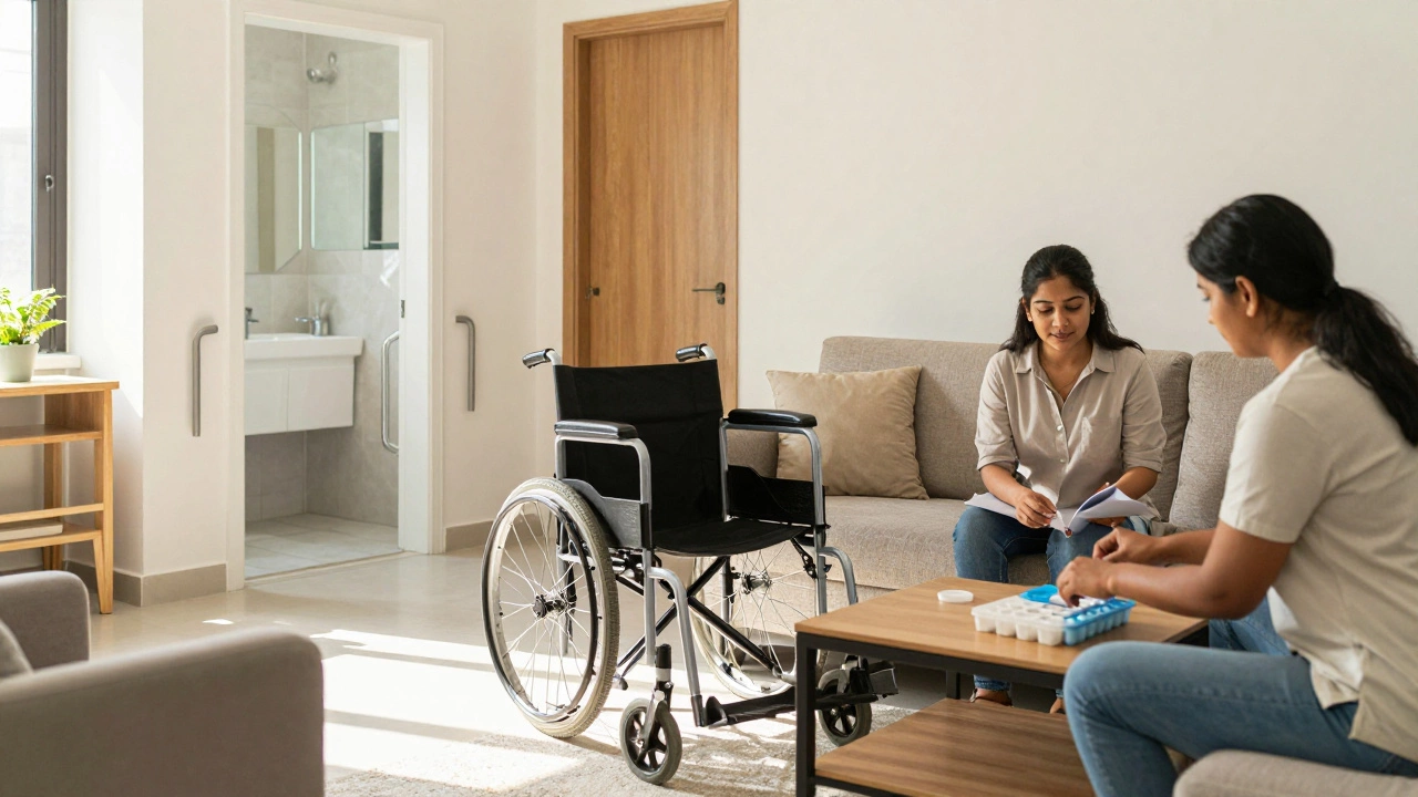 Home prepared with wheelchair and grab bars for recovery