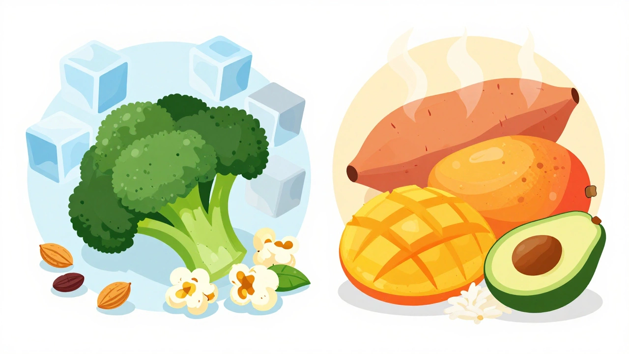 Illustration comparing cold raw foods vs warm cooked foods for Vata
