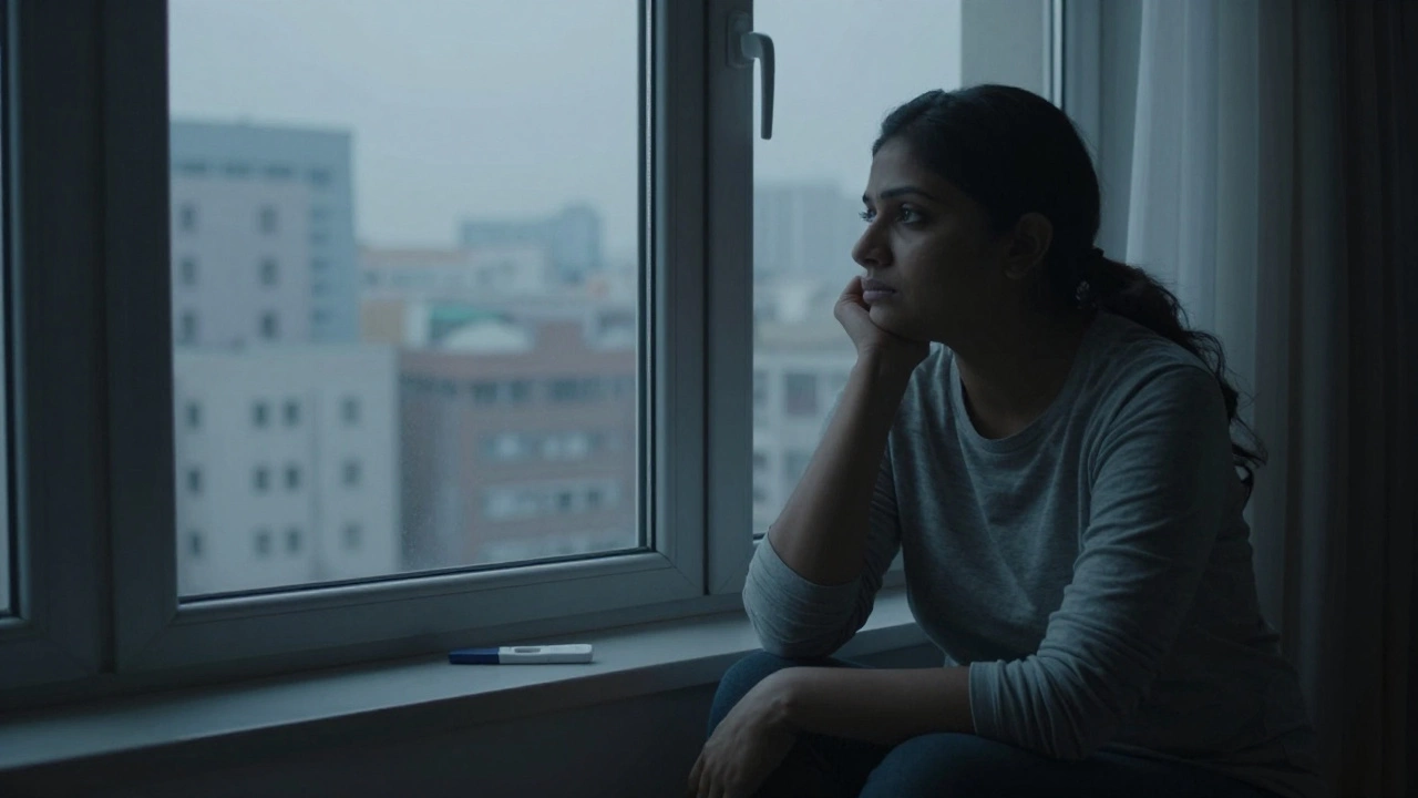 Indian woman waiting anxiously for IVF results by a window