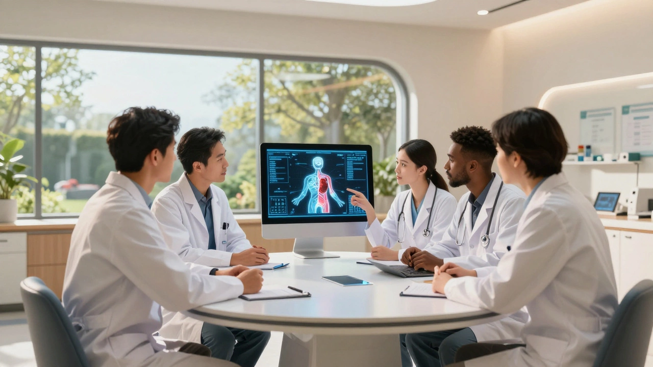 Medical specialists collaborating around a holographic anatomy model in a bright room