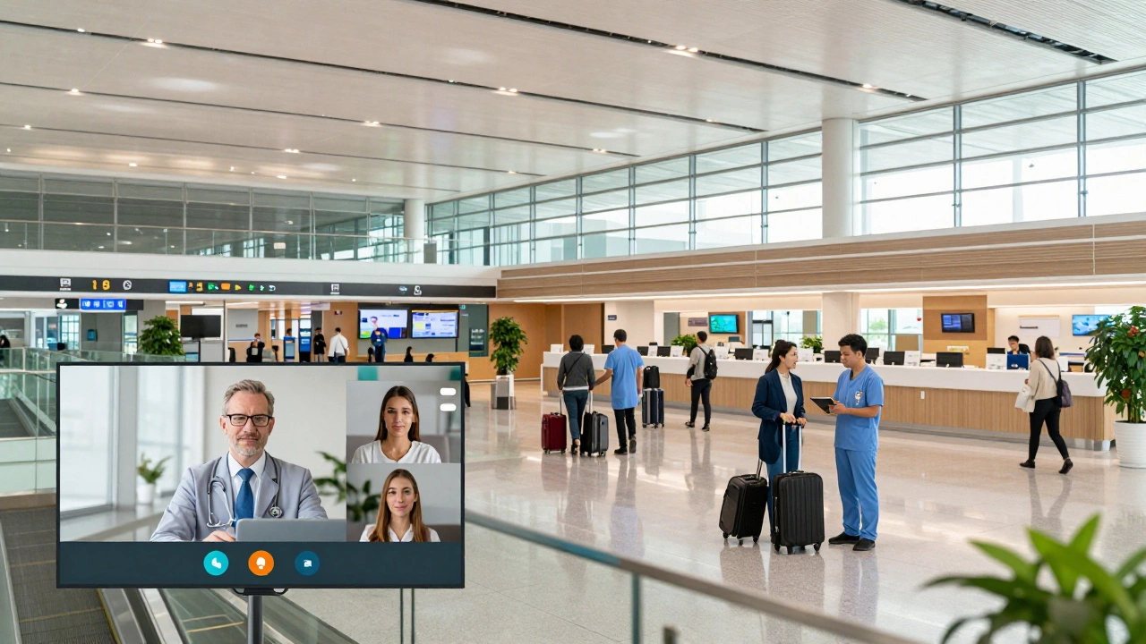 Modern hospital lobby blending with airport travel for seamless medical tourism