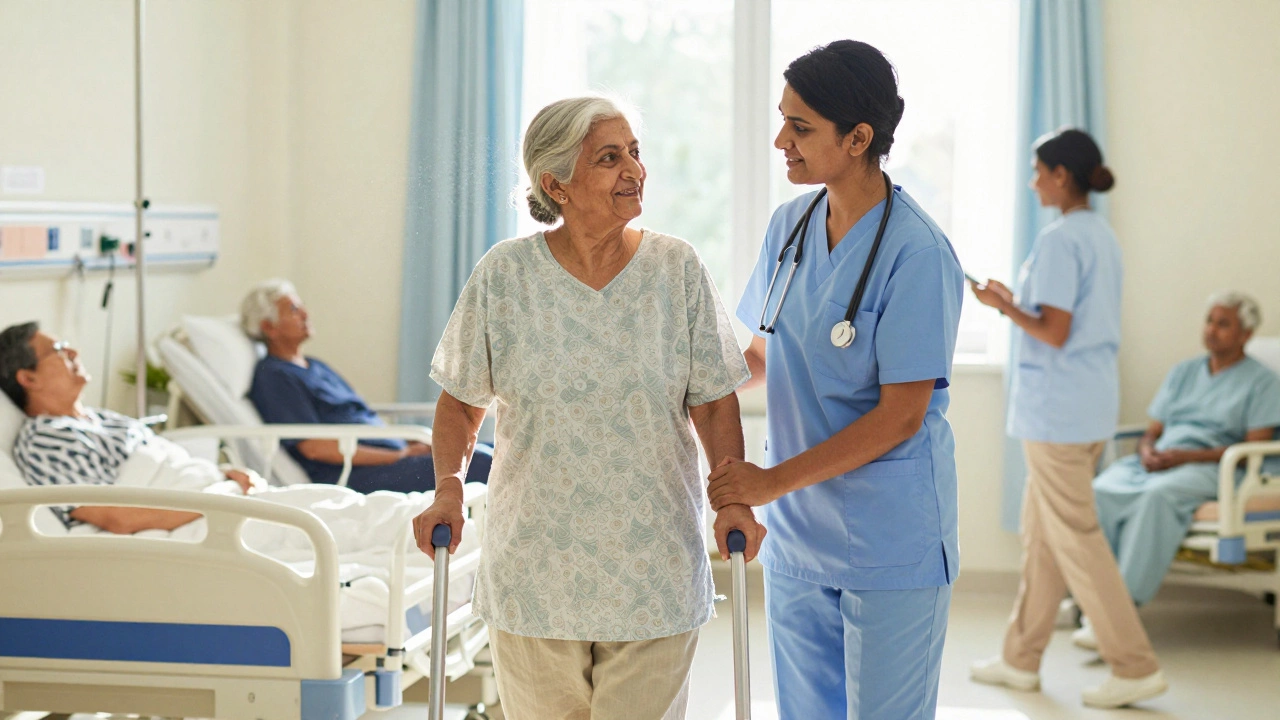 Nurse helping patient walk in cardiac recovery ward