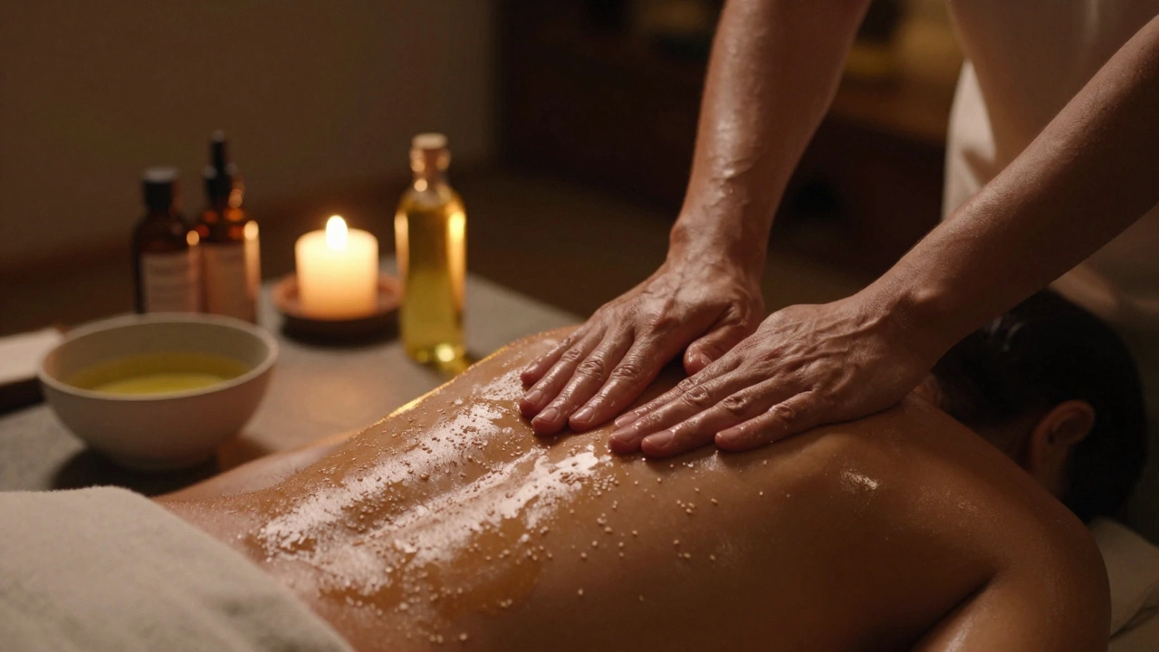 Person applying warm sesame oil for self-massage in candlelight