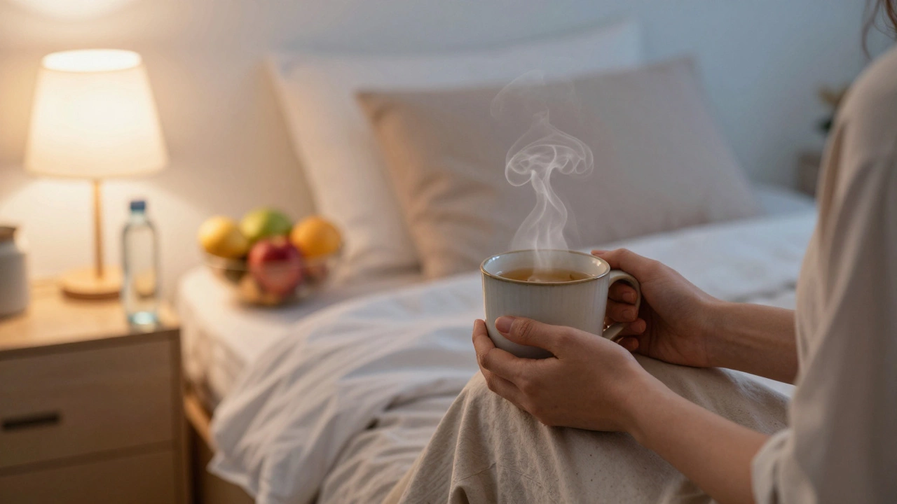 Person drinking herbal tea in a cozy bedroom at dusk