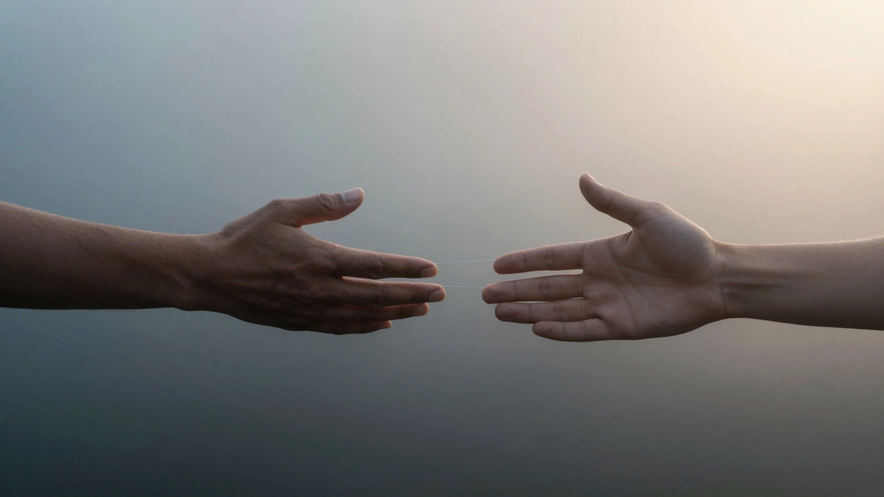 Two hands reaching for each other across a gap symbolizing support and connection