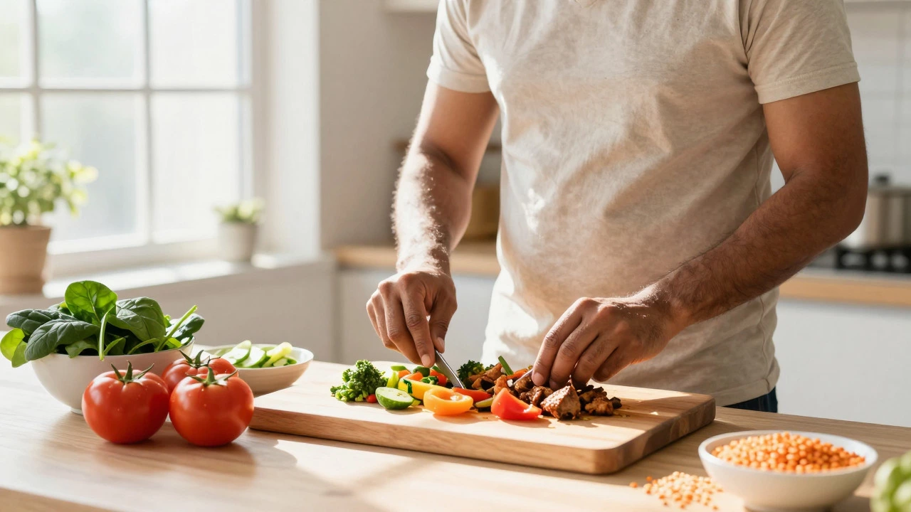 Active person preparing a healthy vegetable-rich meal in a sunlit kitchen
