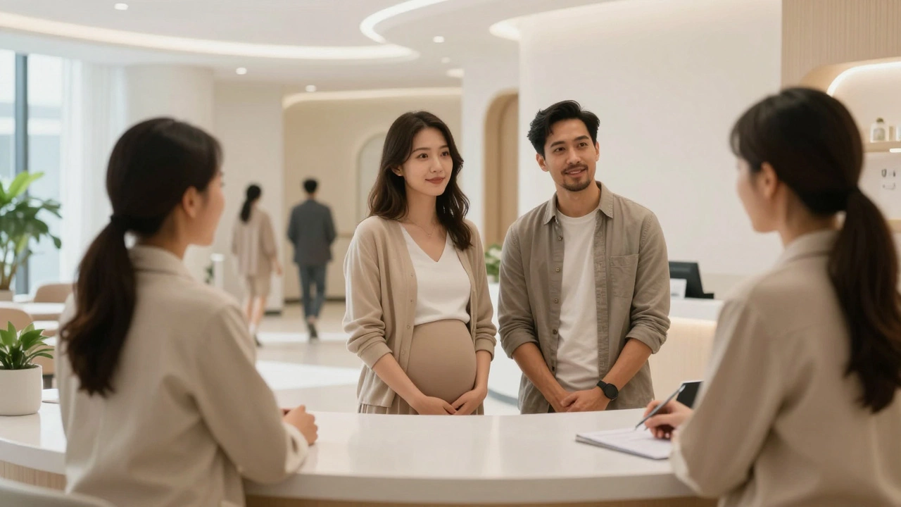 Couple consulting with staff at a modern fertility clinic
