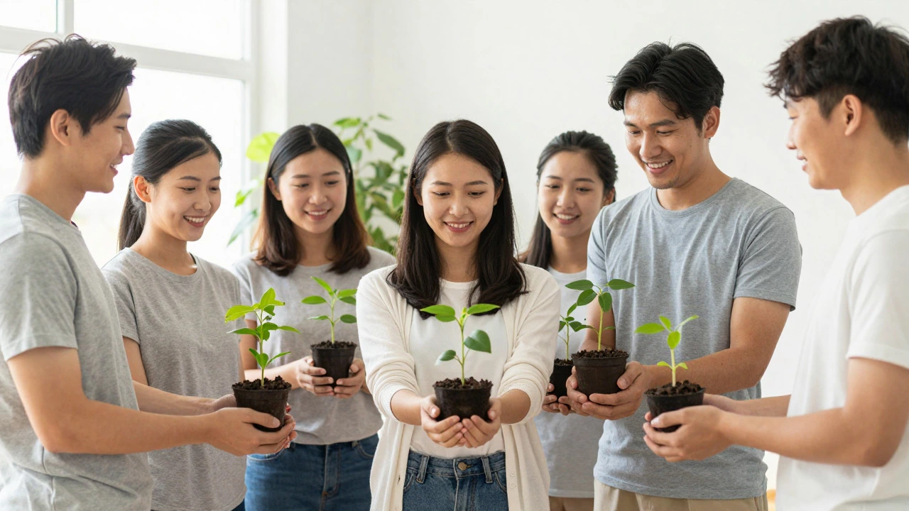 Diverse group holding sprouting plants symbolizing fertility support