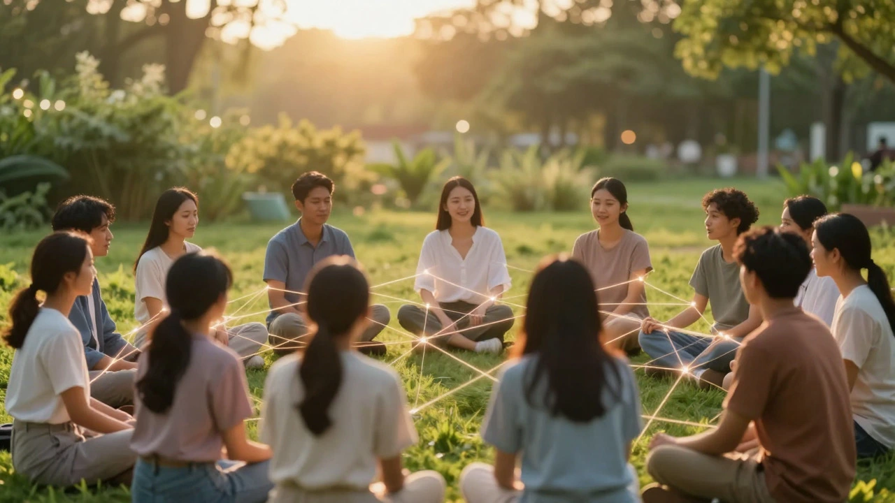 Group connected by glowing threads in nature, representing mental health support and healing.