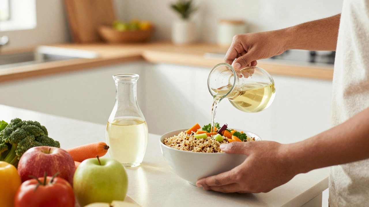 Healthy meal prep with whole grains and apple cider vinegar dressing in a kitchen