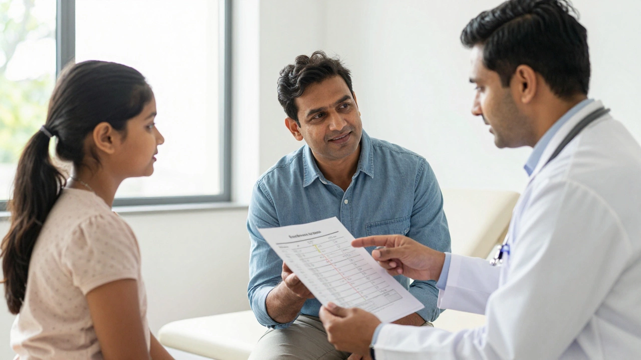 Indian parents consulting specialist doctor with symptom timeline in bright clinic