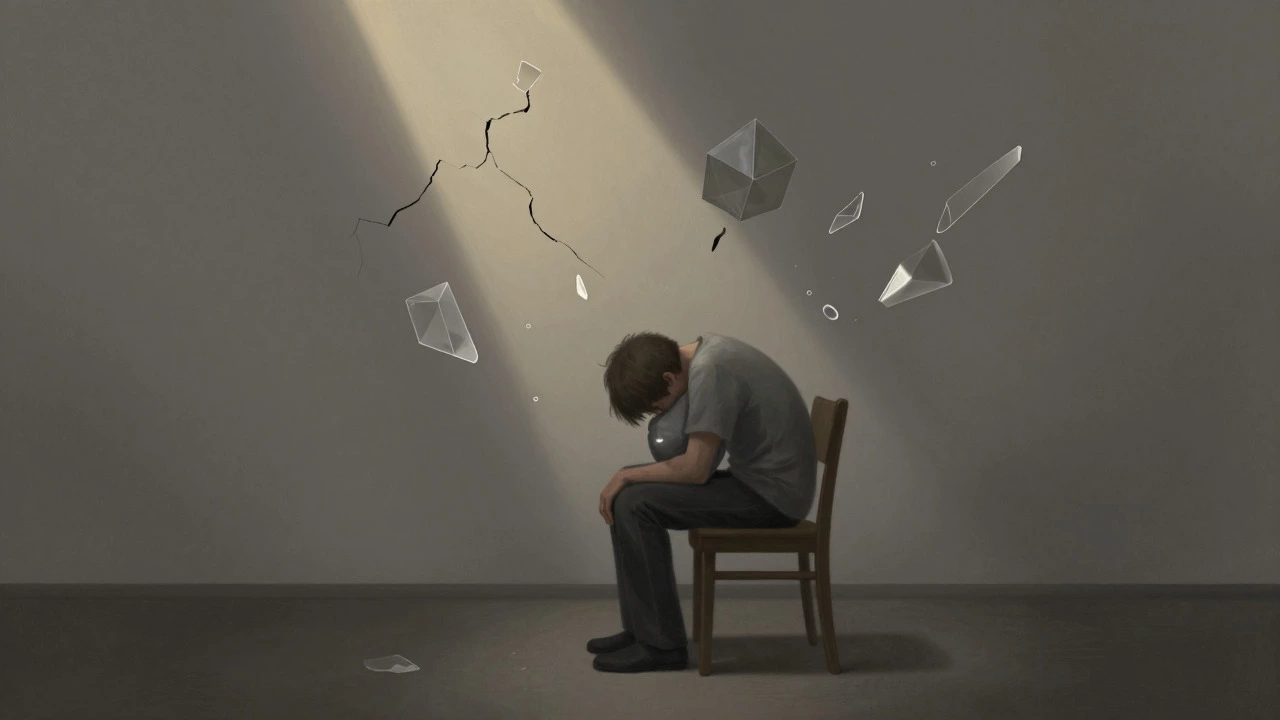 Person sitting alone with floating barriers, symbolizing treatment-resistant depression and hope.