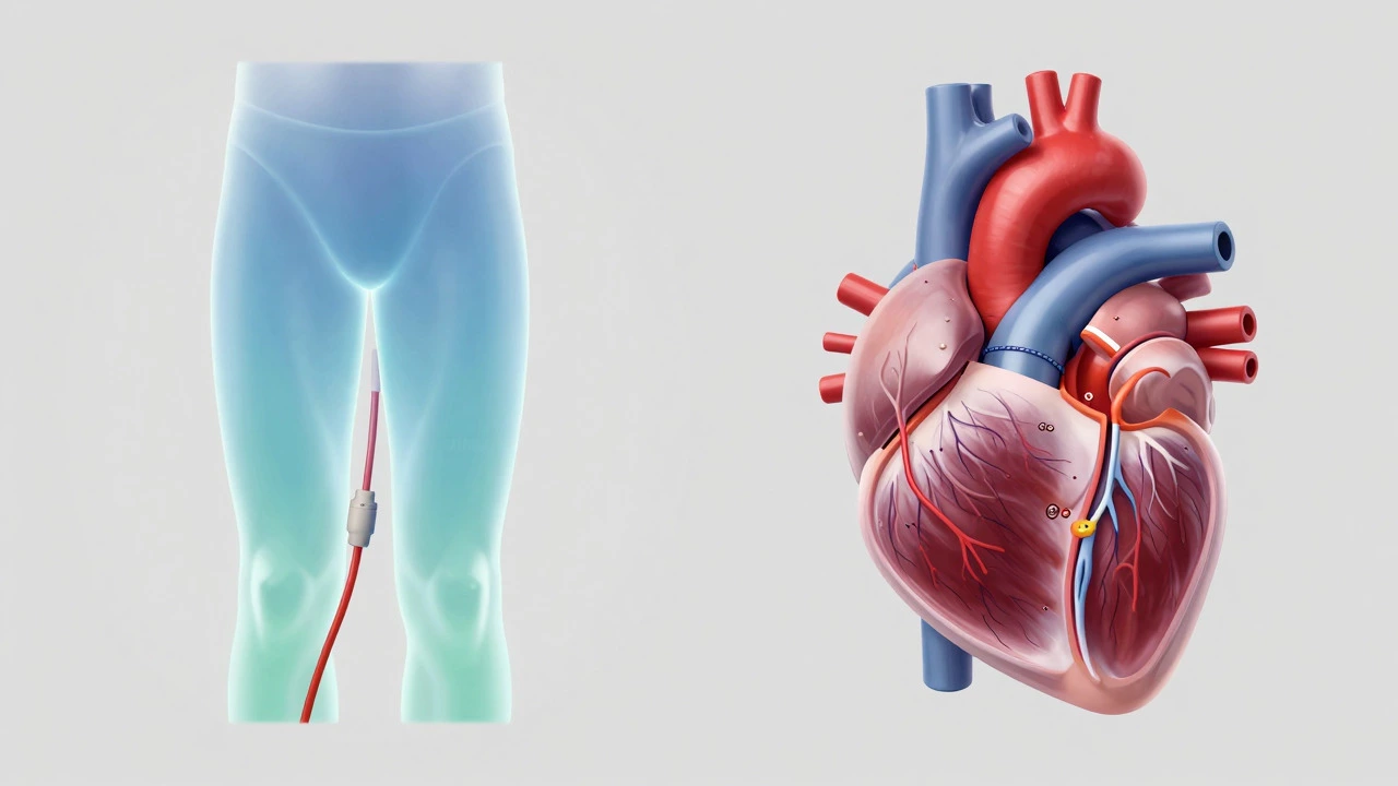 Comparison illustration of minimally invasive heart catheter vs open-heart surgery techniques.