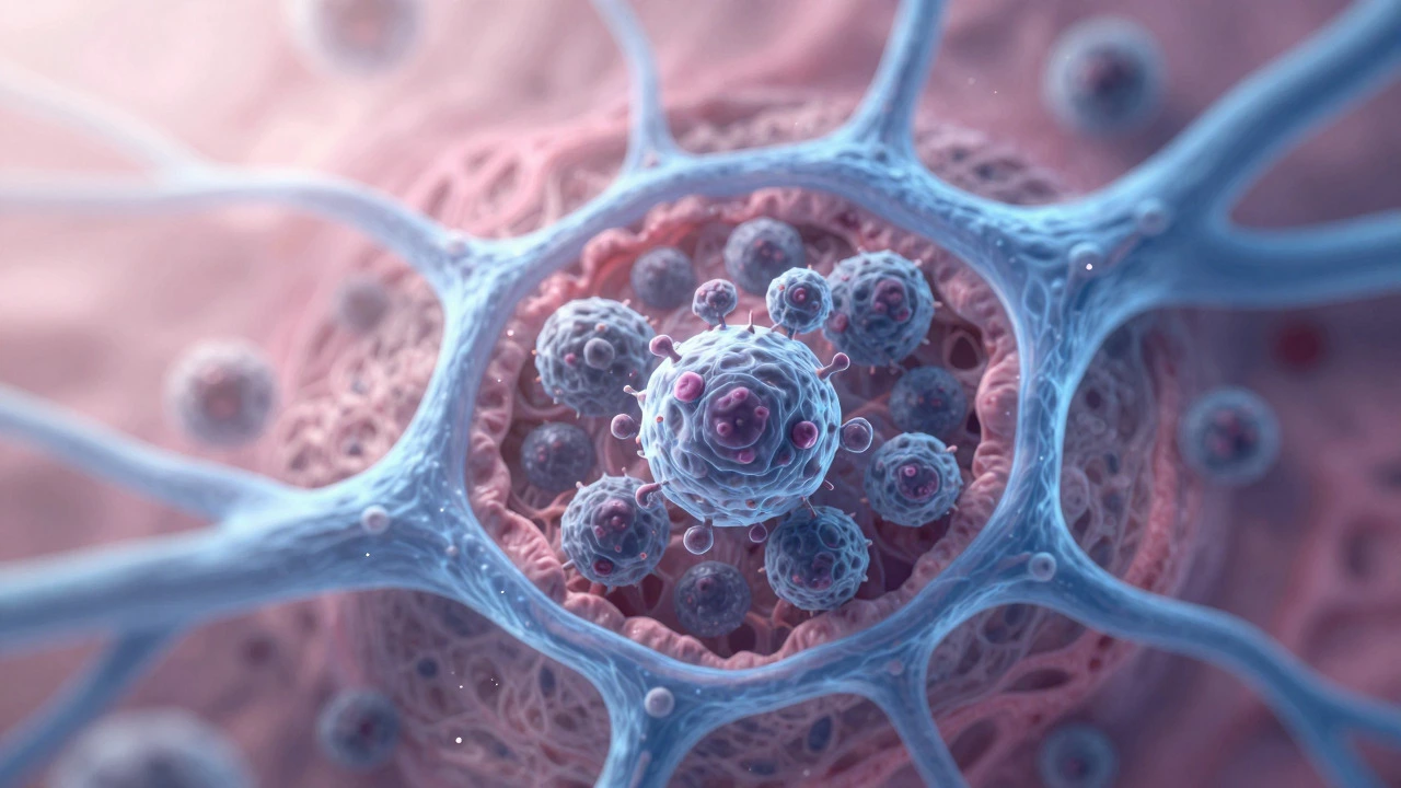 Conceptual art of immune cells surrounding hidden dormant cancer cells.