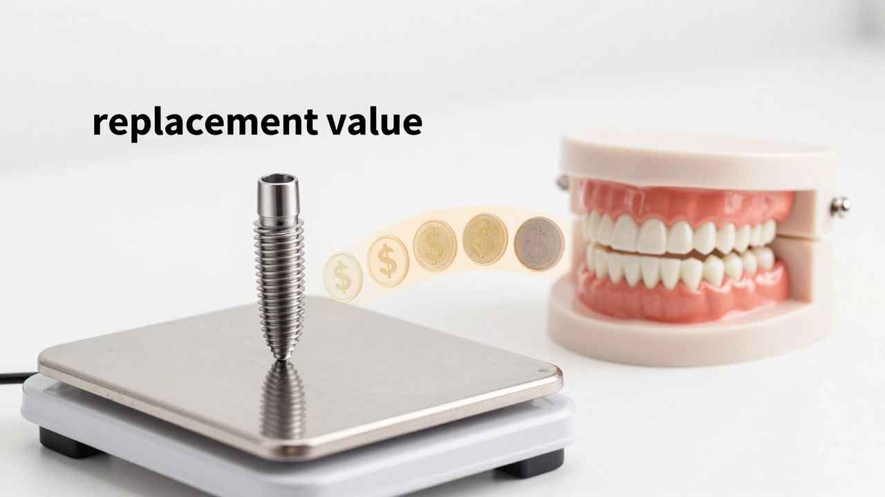 Conceptual art showing dental implant vs bridge cost comparison