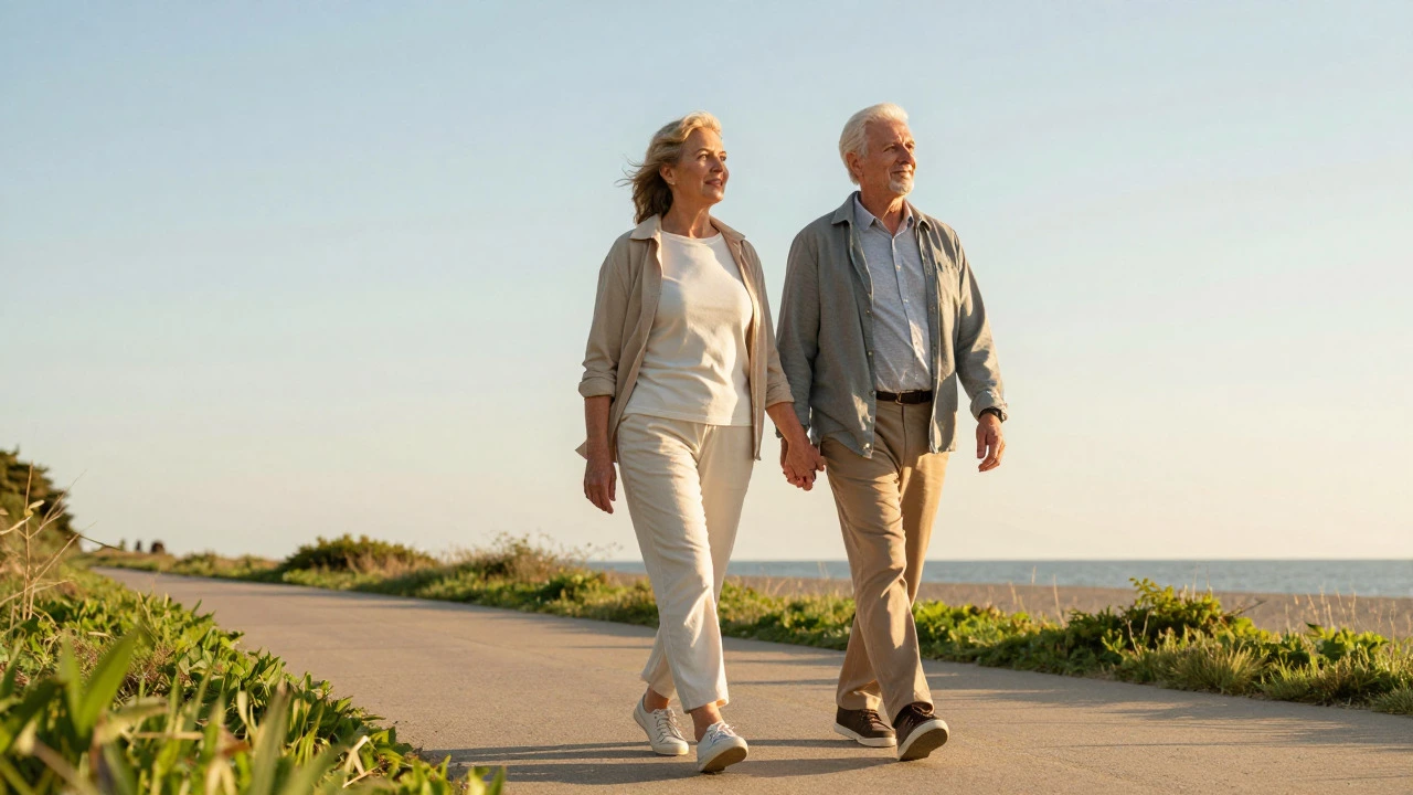 Happy elderly couple walking on a sunny beach, enjoying life after treatment.