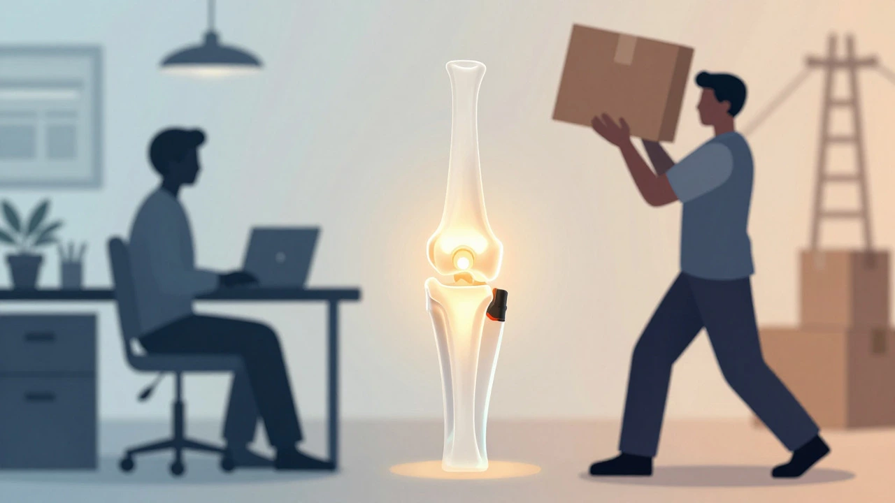 Illustration contrasting office and manual labor roles centered on a knee joint