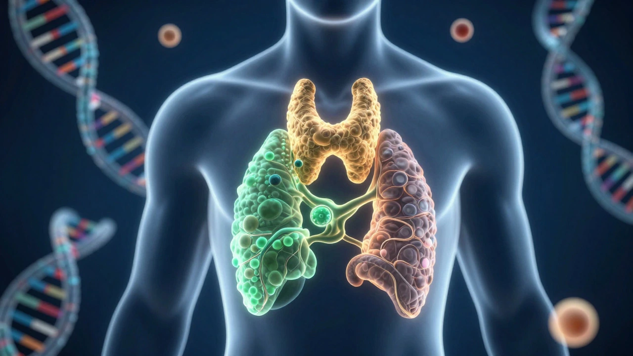 Illustration of thyroid and prostate with DNA and therapy molecules