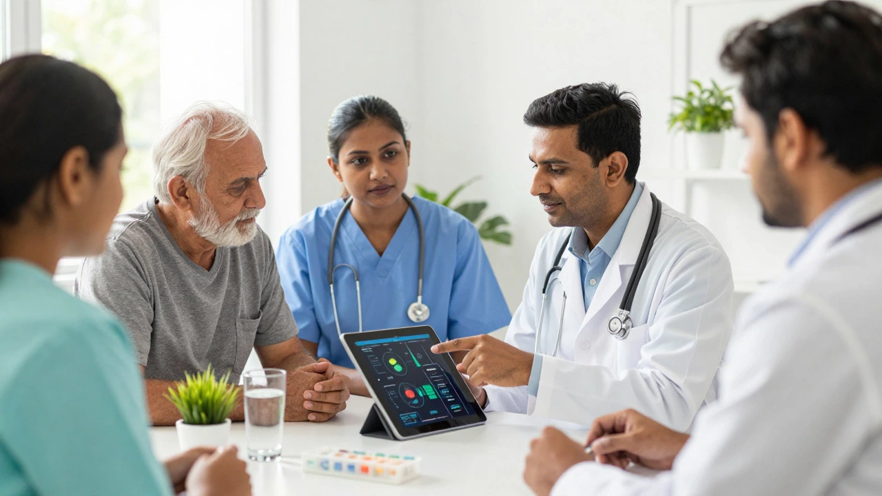 Indian doctor explaining surgical risks and preparation to an elderly patient in a clinic.