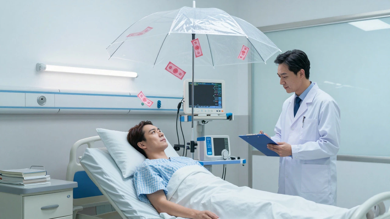 Patient recovering in hospital under a protective umbrella shielding from bills